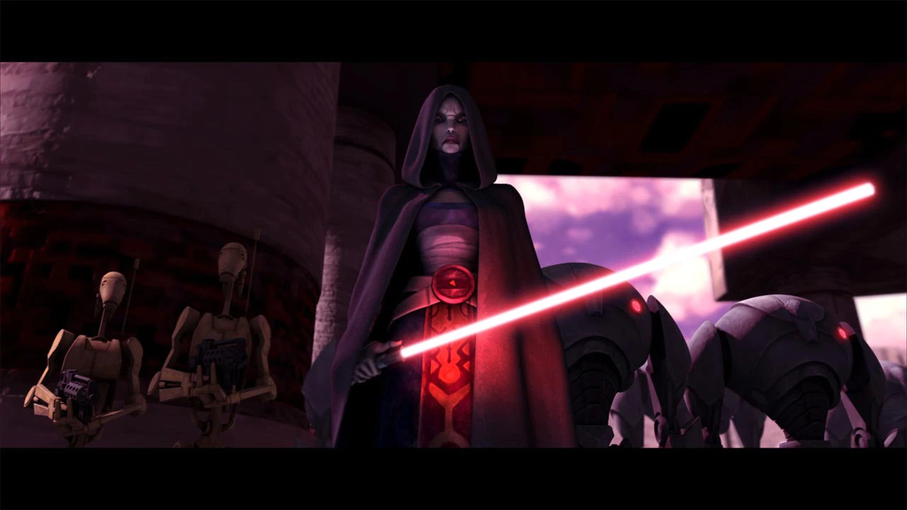 Still image of Asajj Ventress in a scene from Star Wars: The Clone Wars movie.