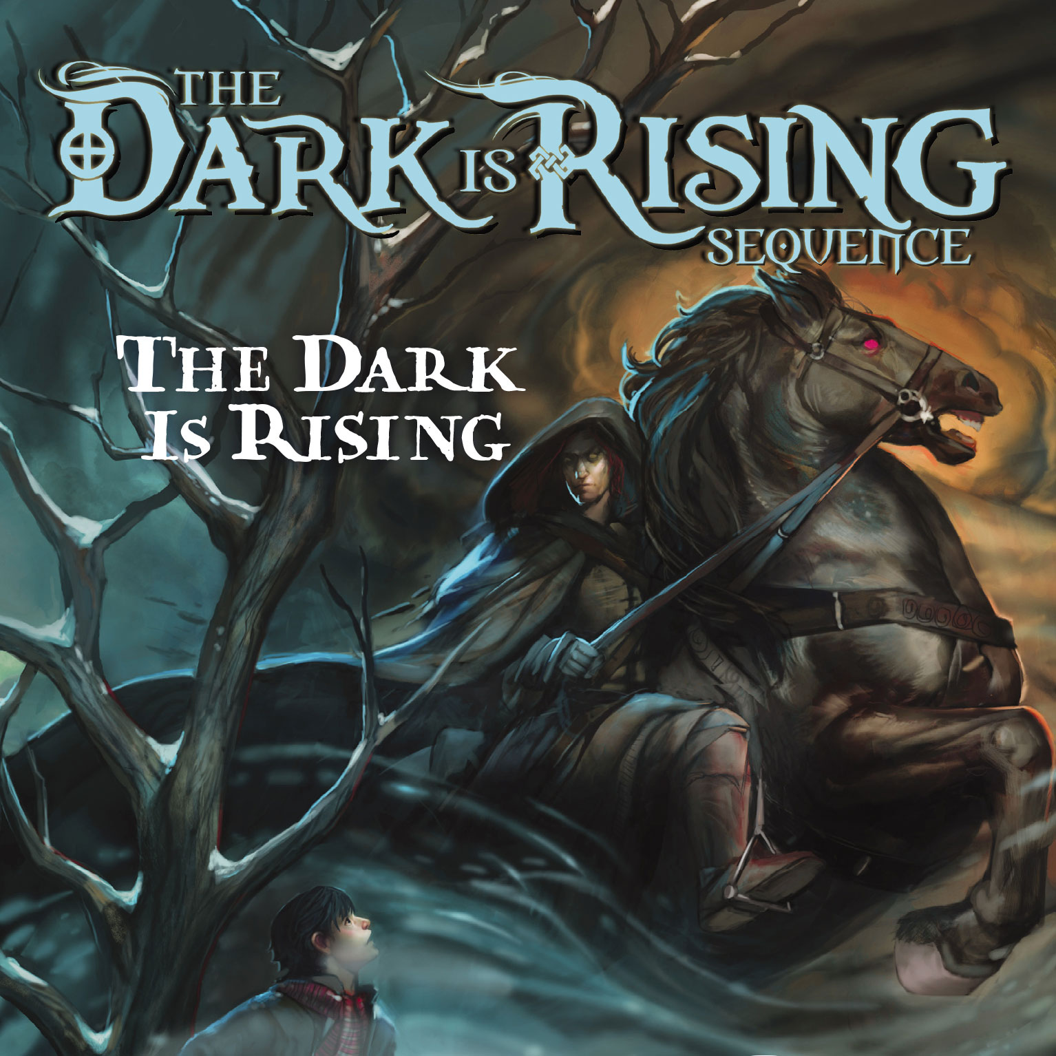 a dark-haired boy with a red scarf is menaced by a cloaked horseman.
